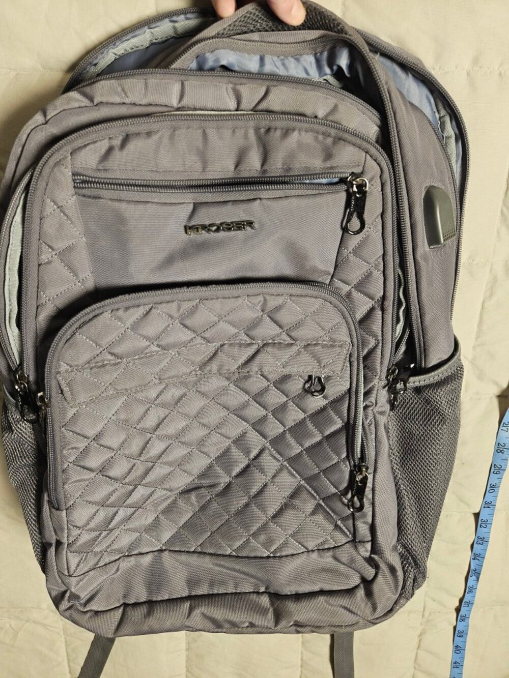 KROSER Gray Quilted Laptop Backpack USB Charging Port RFID